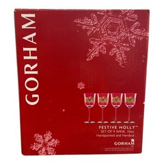 Gorham Festive Holly Wine Glasses 10oz Handpainted Crystal Christmas Set 4 IOB