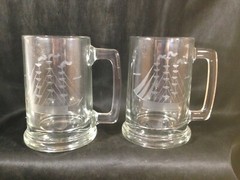 Pair of Vintage Javit Crystal Schooner Clipper Ship Etched Beer Glasses