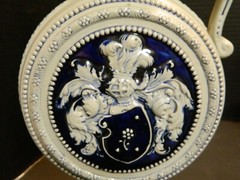 Vintage Simon Peter Gerz Blue On Gray Stoneware Pitcher Ewer w/ Knights Crest Ex