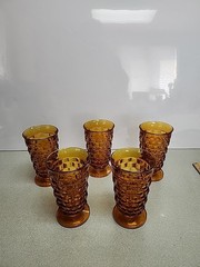 Vintage Lot of 4 Amber Indiana Glass Whitehall Cubist Pedestal Drinking Glasses