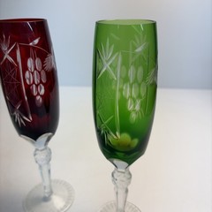 Vintage Ajka Cut to Clear 24% Lead Crystal Champagne Flutes Ruby Red Green Pair