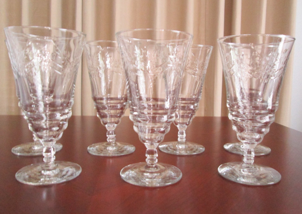 Lot of 7-Vtg Libbey Rock Sharpe Arctic Rose Iced Tea/Water Goblets, 3005 – 1940s
