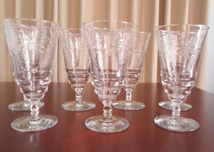 Lot of 7-Vtg Libbey Rock Sharpe Arctic Rose Iced Tea/Water Goblets, 3005 – 1940s