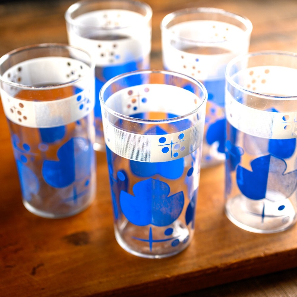 (4) Anchor Hocking Happy Home Glasses 60s Vintage MCM – FAIR – Blue White ATOMIC