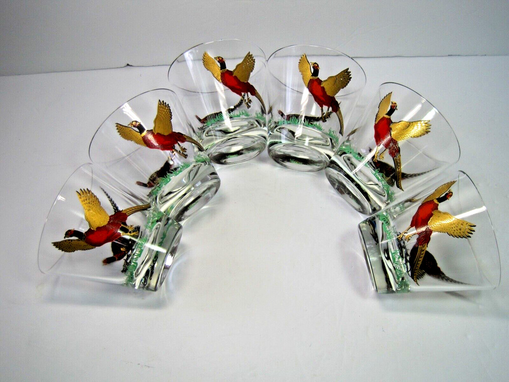 Midcentury Hazel Atlas Gold Wings Pheasant Whiskey Rocks 6 Glasses 3.5″ x 3.5″