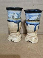 Pair Of Drip Pottery Chalice Cup Goblet Handmade Blue Tan Makers Mark 5in Tall