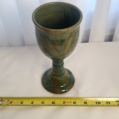 Vintage Handmade Green and Brown Pottery Ceramic Wine Glass Chalice Goblet (7″)