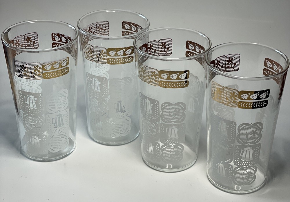 Vintage Glass Tumblers Set Of 4 Gold/White Anchor Hocking 8 Oz MCM