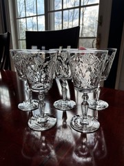 VINTAGE SET OF 5 ETCHED WHEEL CUT AND ETCHED FLORAL CLEAR GOBLETS OR WINE GLASS