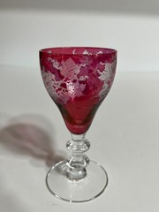 Set of 6 Cordial Glass Bryce Cranberry Ruby Glass 688-1 Etched Grape Design Rare