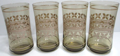 Vintage Libbey Glass Tumblers SET OF 4 Tawny Brown Beige Floral Bands 5 1/4″ T