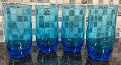 4 Vtg ANCHOR HOCKING Turquoise FLAIR Electric BLUE Laser TUMBLERS Glasses SET