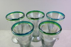 5 Hand Blown Stemware V-Shaped Glasses All Iridescent Green & Blue Band Luster