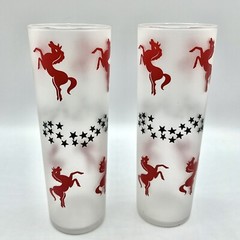 2 Libbey Frosted Tom Collins Glasses Red Horse Stallion w Stars 12oz High Ball