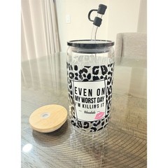 Handmade 16oz Glass Can Tumbler Straw 2 Lids Topper Boss Babe Gift Box