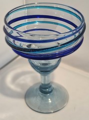 Mexican Hand Blown Margarita Glass Aqua & Applied Cobalt Stripe 6.25″ T 8 oz
