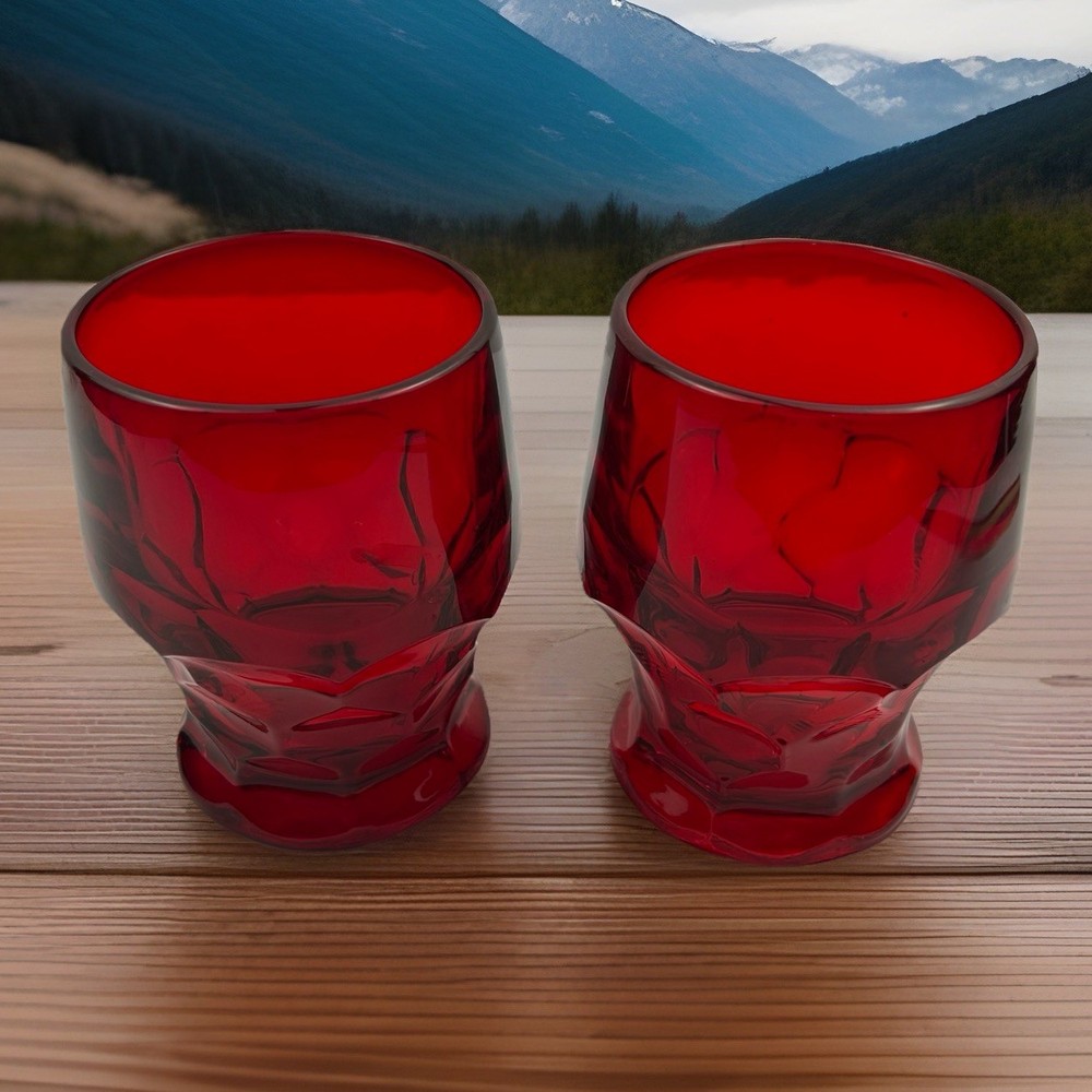 Vtg Viking Glass Ruby Red Georgian Honeycomb 9 oz Lowball Tumbler Set of 2 MCM