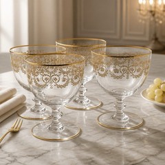 Set Of 4 Baccarat crystal gilded water goblet in the Flora pattern. Signed