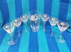 MCM Libbey Glass Rooster CHANTICLEER 7 Pc Cocktail Martini Set Stemmed Barware