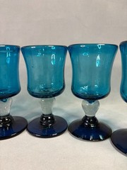 Mexican Hand Blown Aqua Blue Goblets Bubble Stem Glasses – Set of 8