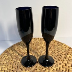 VTG Libbey Black Amethyst Purple Glass MCM Champagne Fluted Glasses (2)