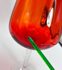 2 VTG Red / Orange Empoli Italian Glass Ribbed Optic Wine Goblet Swirl Stem MCM