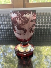 BEAUTIFUL Bohemian Ruby Panel-Cut Goblet Running Stag Design