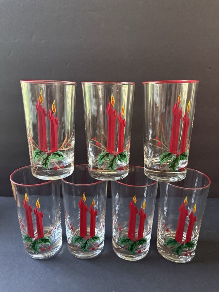 Vintage Christmas MCM Holly Candle Drinking Glasses Tumblers Set (7) Drinkware