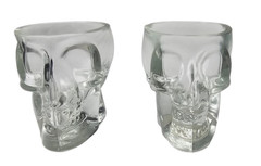 Clear Glass Skull Shot Glass Set Of 2 Halloween Tea Light Candle 2 3/4″ Diameter