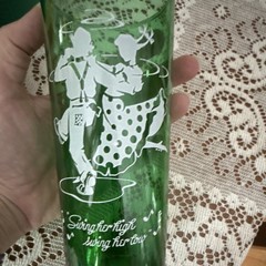 Set of 3 Green Glass Tumbler Glasses, White Decorated Design Drinking Tumblers