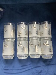 Vintage Libbey Frosted Silver Leaf Design Glasses Set Of 8 MCM Low Ball 4.5” Tal
