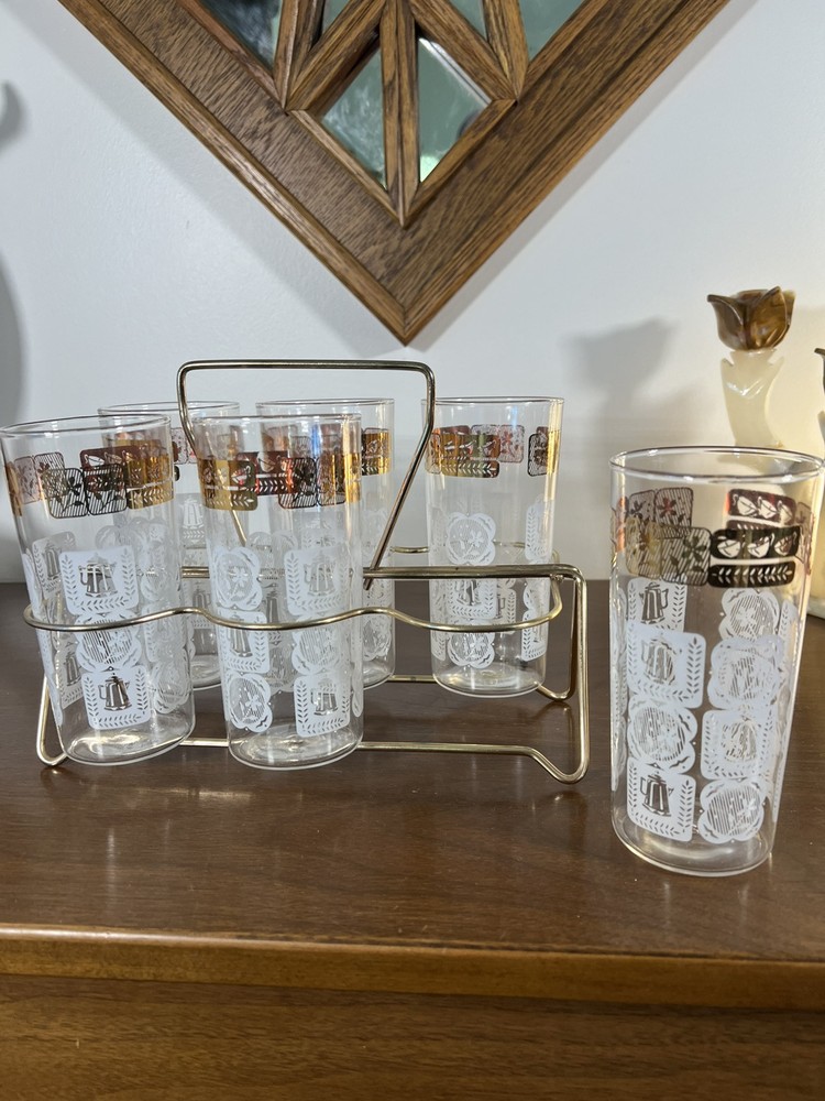 Set of 6 Anchor Hocking Butterprint Glasses Amish Horse Carriage With Holder