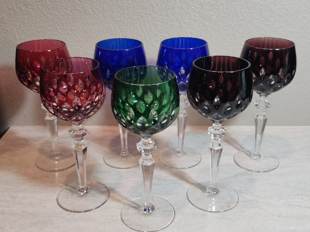 Cristallerie Lorraine France Colored Crystal Wine Glasses Goblets Set of 7