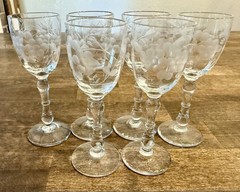 Vintage Set 6 Etched Cordial Wine Glasses Grapes/Vines Tiffin Style 30s-40s