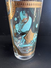 (4) Fred Press Signed Turquoise Trojan Horse Highball Gold Gilded Glasses MCM