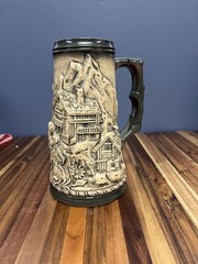 Vintage German Beer Stein Mug Relief Alpine Village Scene Made in Germany
