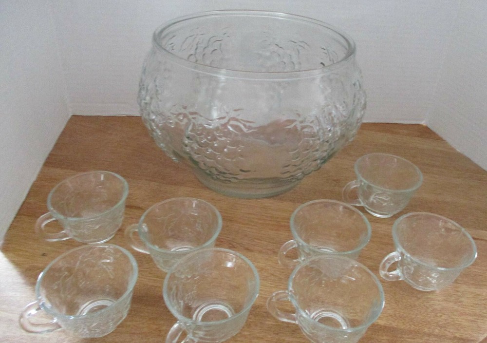 Indiana Glass Punch Bowl with Embossed Grapes, 8 Matching Cups and Hooks