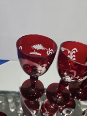 (5) WINE glasses Goblets 5″, bohemian Ruby red flashed & engraved cut to clear