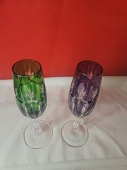 Set of 2 Crystal Green & Purple Cut 8-7/8″ CHAMPAGNE FLUTE GLASS Unmarked