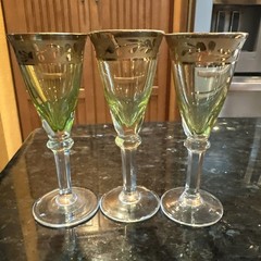 Tiffin Franciscan Minton Green cordial or sherry glasses with gold trim Vintage