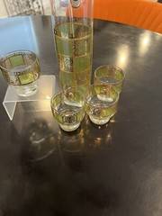 Gold And Green vintage Martini Pitcher And Glasses.