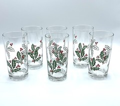 Vintage Libby Holly Christmas Holiday Drinking Tall Glasses Set Of 6