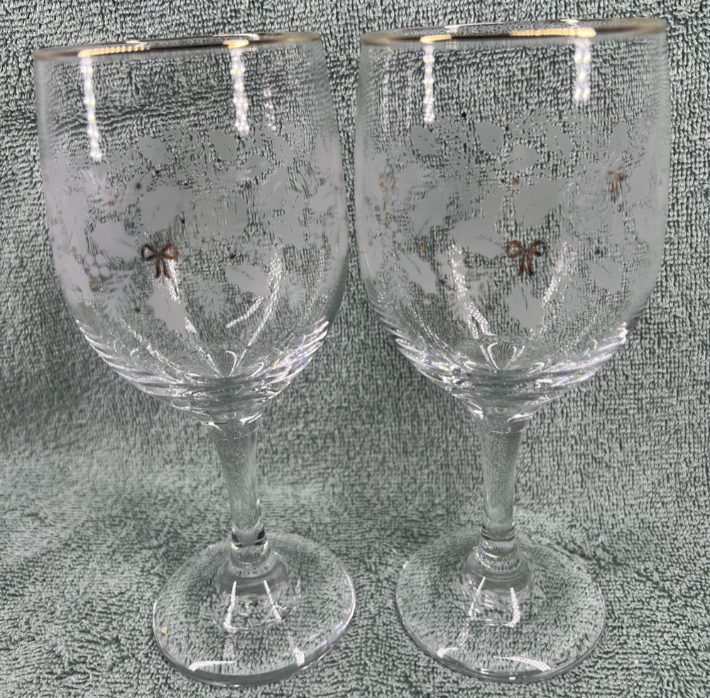 Libbey Frosted Holly-Pine-Gold Ribbon-Trim Water-Wine Goblets 7 1/8 in. Set of 2