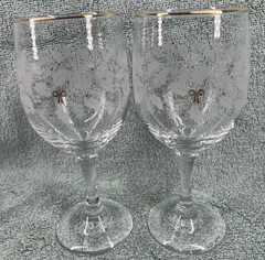 Libbey Frosted Holly-Pine-Gold Ribbon-Trim Water-Wine Goblets 7 1/8 in. Set of 2