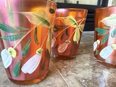 Set Of 3 Early 1900s Fenton Enameled Magnolia Marigold Glass Drinking Tumblers