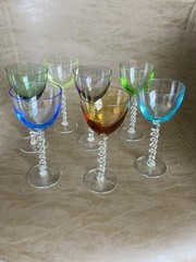 7 Vintage Multicolored Cordial Glasses Stemware Swirl Twisted Stem