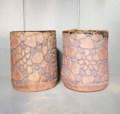 Pair Chrissie Callejas Studio Pottery Cups Tumblers Hand Built Textured NC