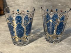 5 MCM Anchor Hocking Blue & Gold Fleur-De-Lis Glasses