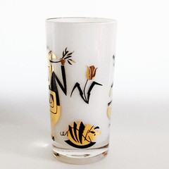 One Mid-Century Modern Highball Barware Glass Gold & Black Abstract