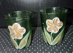2 Vtg Antique Victorian Green Blown Glass Tumbler Hand Painted Enamel Flower Cup